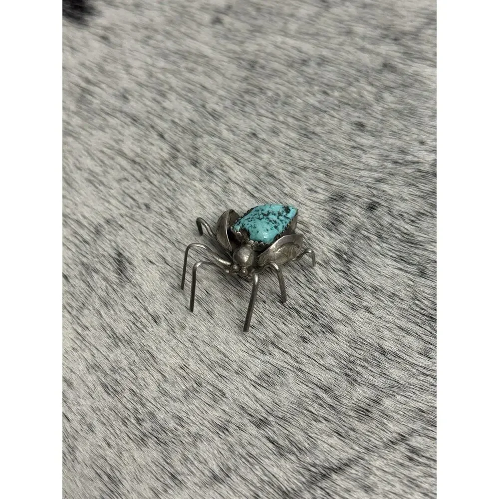 Native American Sterling Silver Turquoise Nugget Beetle Spider Bug Pin Brooch